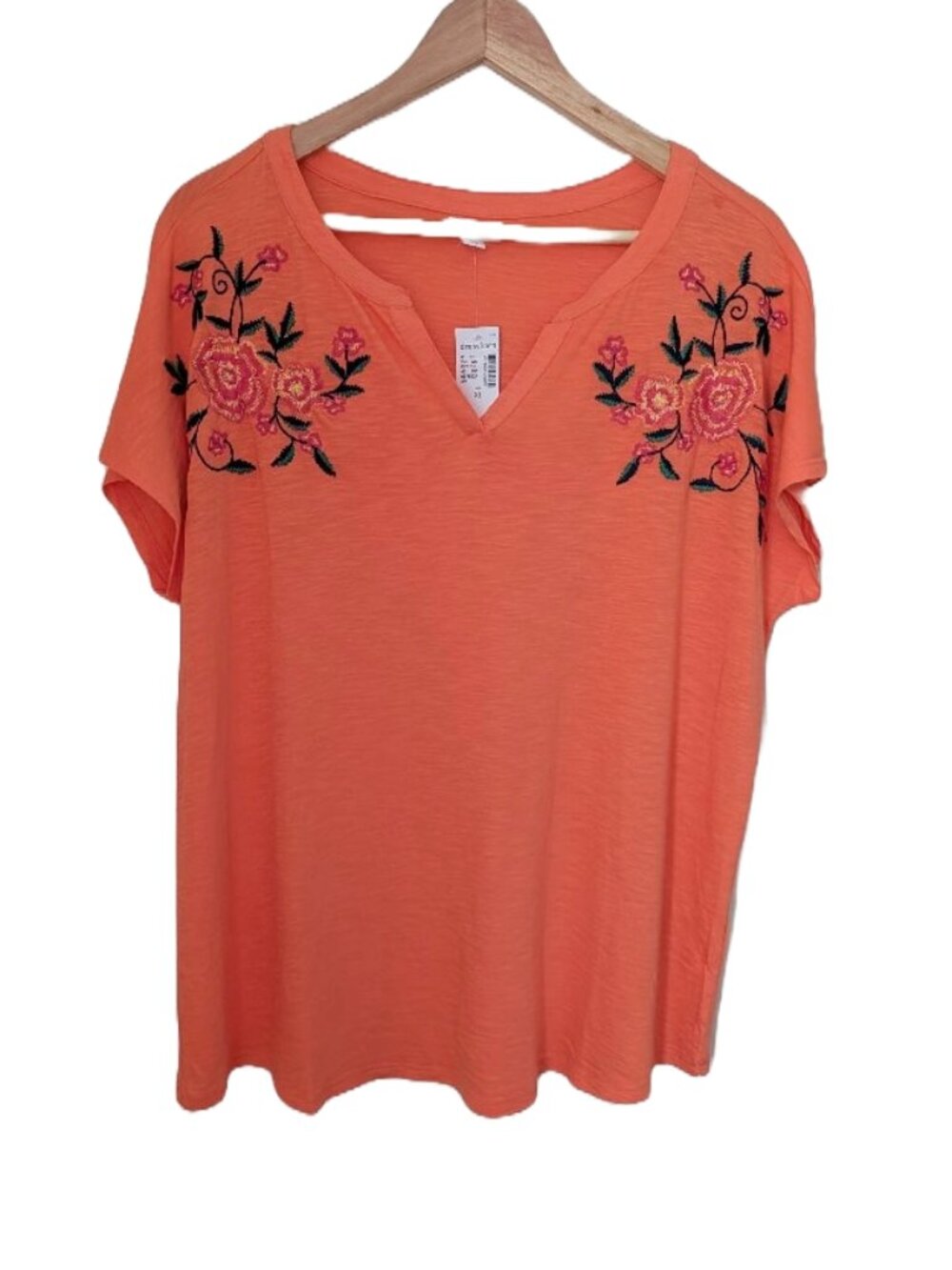 Westport Embroidered Flowers Cotton Modal Slub T-Shirt V-Neck Women's XL NWT